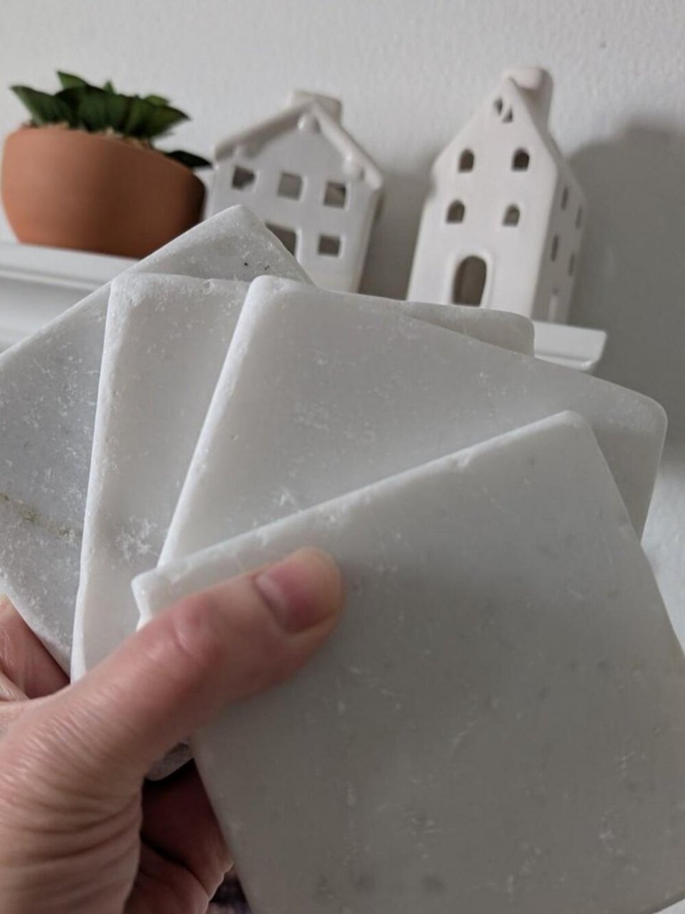 Tumbled White Marble Coasters, Set of 4, Gift for Birthday | Holiday Gift | NIB